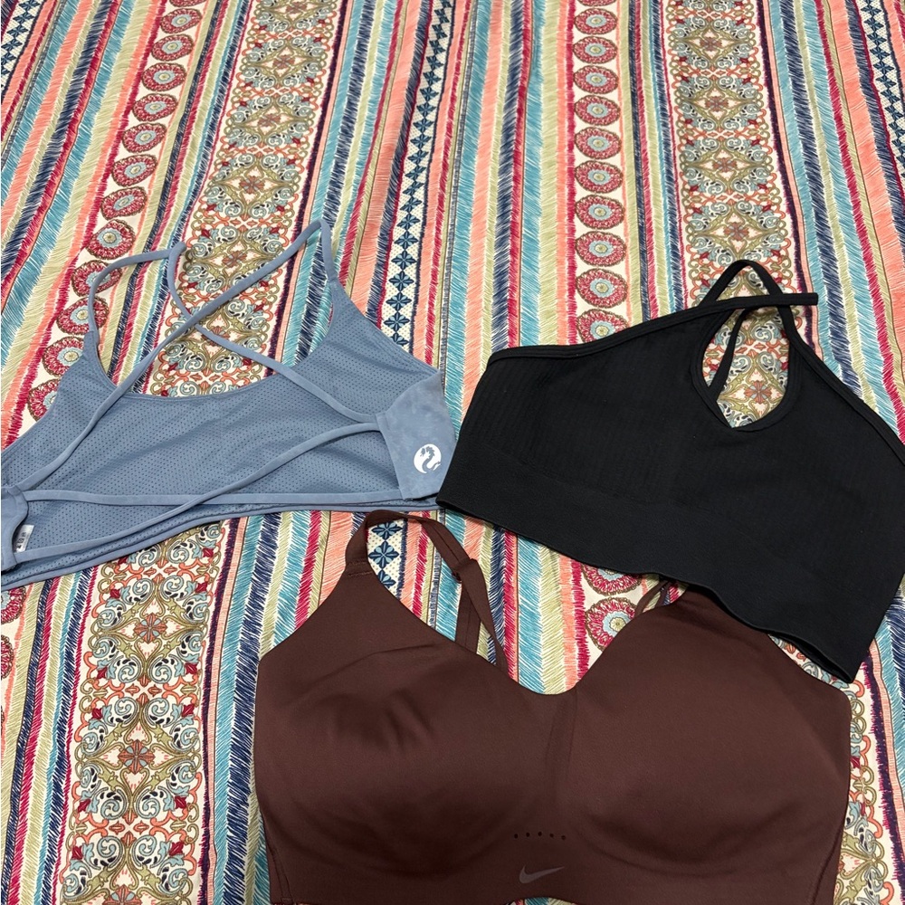 Nike Brown Molded Sports Bra with Black and Dusty Blue Crop Tops